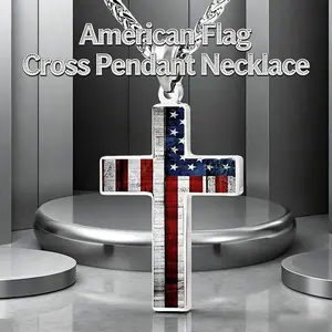 American Flag Patriotic Cross Pendant Necklace Religious Jewelry for Men