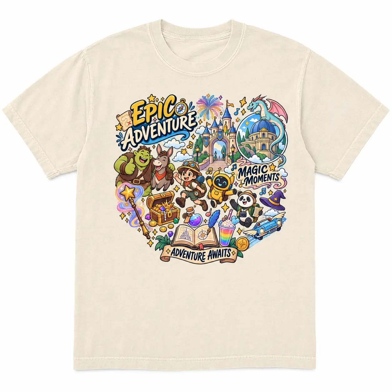 Epic Adventure Fantasy Graphic Tee, Colorful Magic Quest Shirt, Castle Dragon Cartoon T-Shirt, Fun Adventure Gift