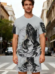 Men's Casual Sports Clothing Set, 3D Praying Hands Print, Breathable Comfort, Summer Outdoor Short Sleeve Two-Piece, Loose Fit