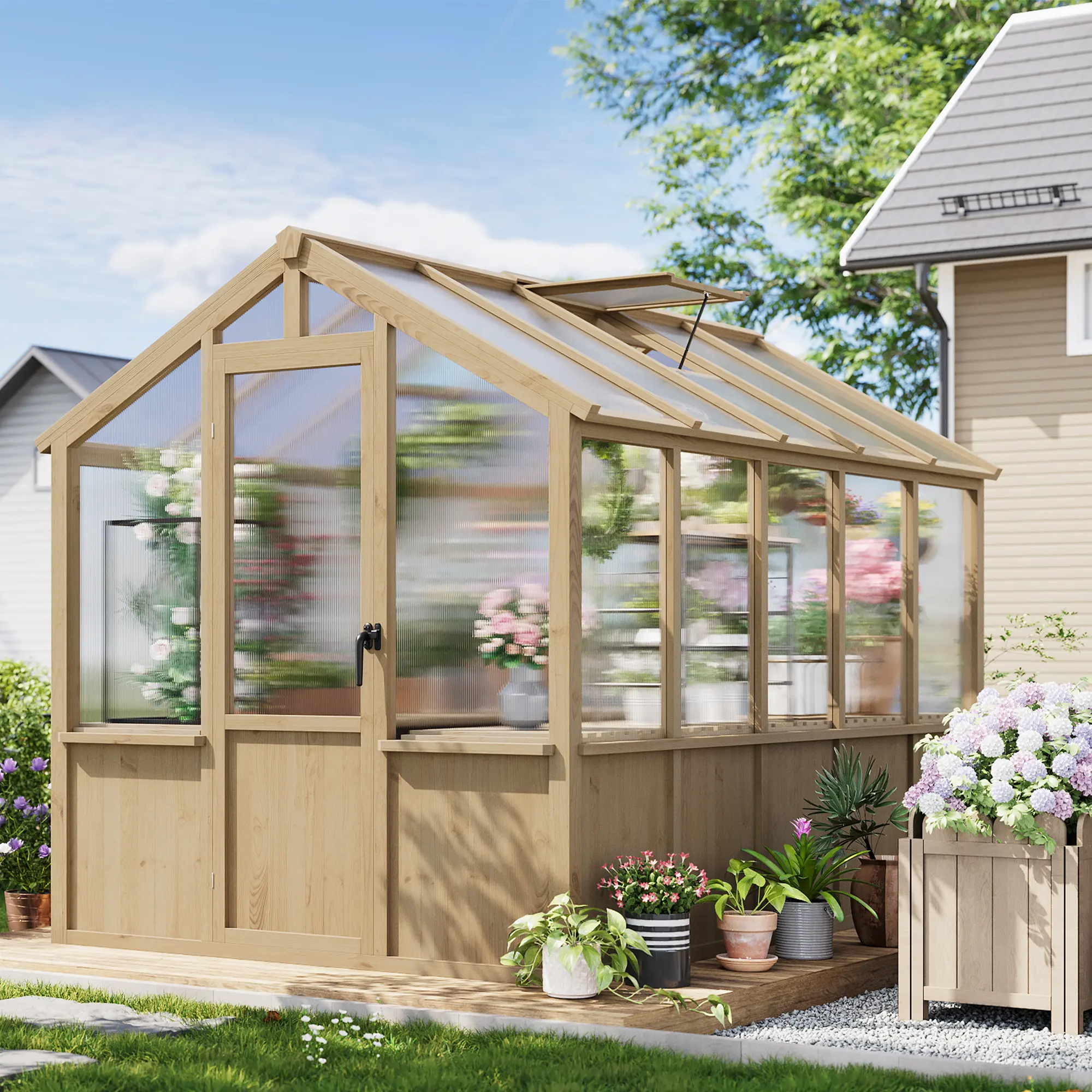 6x10 FT Heavy Duty Freestanding Spruce Wood Greenhouse, Walk-In Outdoor Garden Storage with Polycarbonate Panels, Adjustable Roof Vents, Lockable Door for Gardens, Backyards, Patio & Lawn