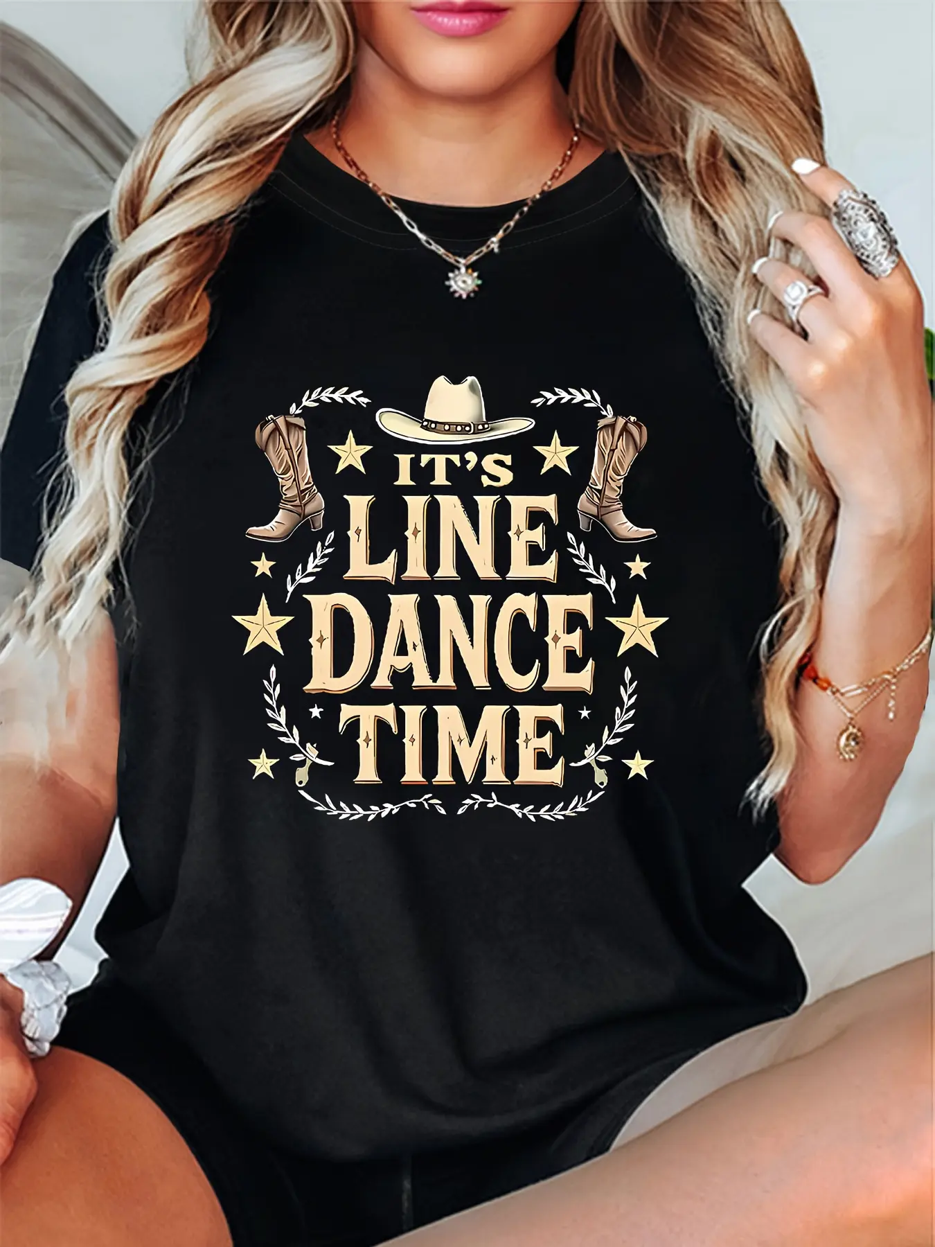 Rustic Dance Vibes _IT's LINE DANCE TIME_ Paired w unisex soft cotton short sleeve t shirt, vintage graphic casual tee for men women teens, perfect birthday holiday gift for camping travel gym daily street  wear