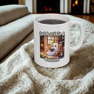 [Sale Up To 50%] Cute Reading Ghost Mug, Halloween Coffee Cup for Book Lovers, Spooky Bookish Gift, Cozy Autumn Fall Ghost Drinkware, Cute Spooky Cup, Ceramic Mug, 11oz & 15oz