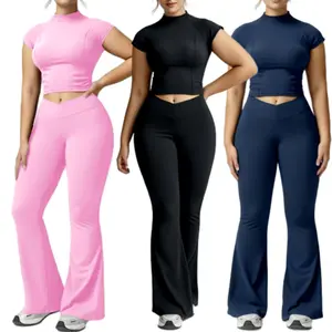 Women's 2-Piece Yoga Set  Short Sleeve Top & Crossover Flare Pants Breathable Gym & Streetwear Outfit