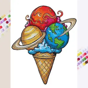 5D DIY Full Drill Round Diamond Painting - Diamond Painting Kit Ice Cream Planet Mosaic Canvas DIY Wall Art, Home Wall Decoration