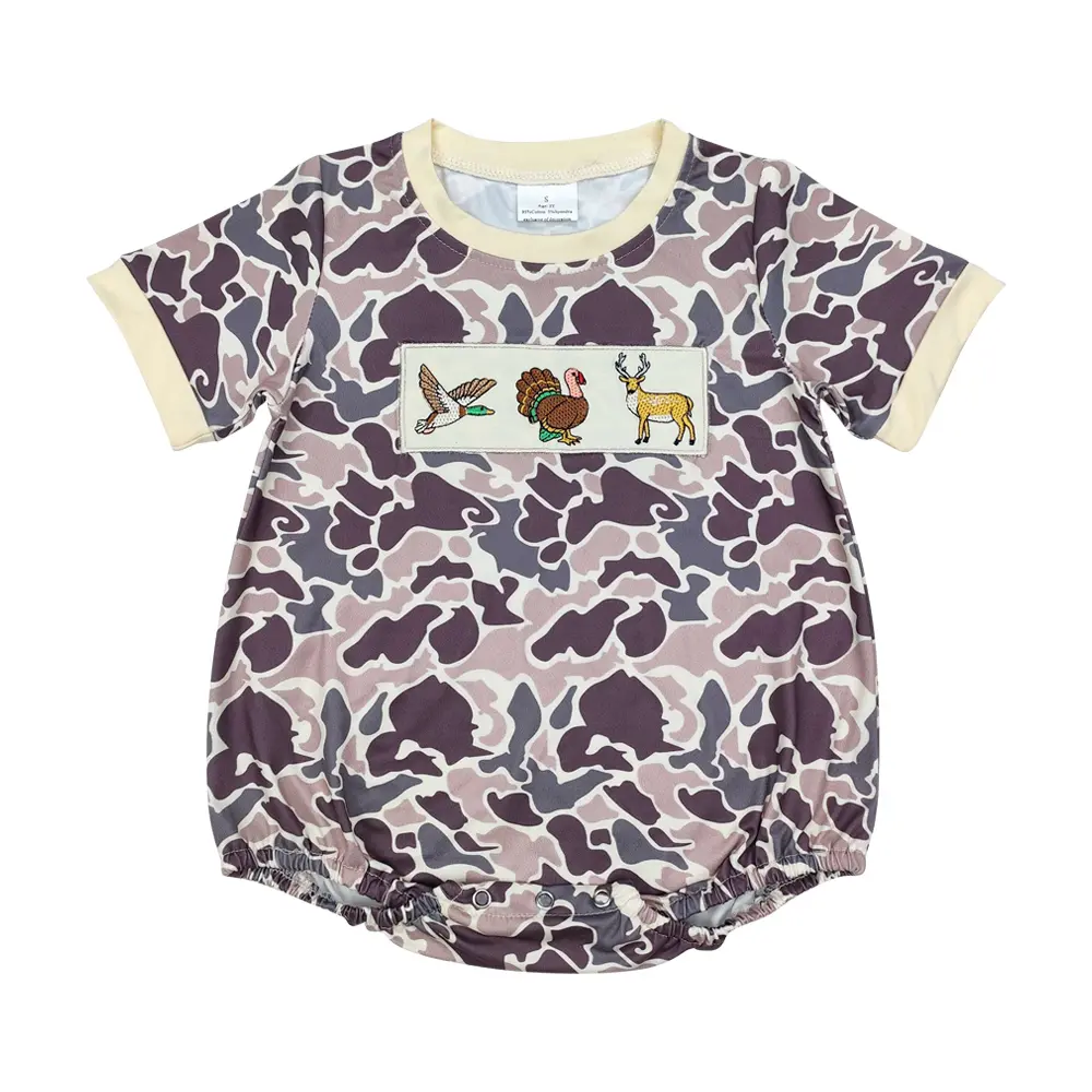 Baby Boy Camouflage Bubble Romper, Soft Casual Short Sleeve Crew Neck Outfit with Embroidered Duck, Turkey, and Deer, Baby Boy Clothes