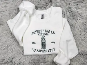 Mystic Falls Virginia Vampire City Sweatshirt - The Vampire Diaries Inspired Fan Apparel - Cozy Gildan Crewneck for TVD Fans, Elena, Damon & Stefan Lovers - Perfect for Binge-Watching & Comfort, Wardrobe Staple, For Any Season, Trendy Looks,