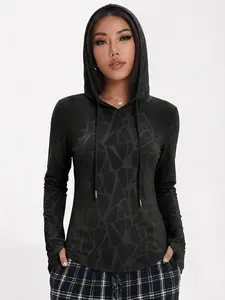 Women's Hooded Long Sleeve Knit T-Shirt with Thumb Holes, Breathable Mesh Patchwork Pullover, Spring Summer Outdoor Casual Sports Top, Athletic Hoodie, Sports Clothes, Athletic Sports Clothing