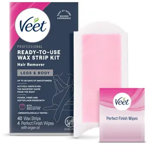 VEET Sugar Wax Strips For Women's Body Hair Removal, Bikini Hair Removal Kit, Pubic, Dermatologically Tested For Body & Intimate Areas, 40ct Wax Strips with Shea Butter & 4ct Wipes