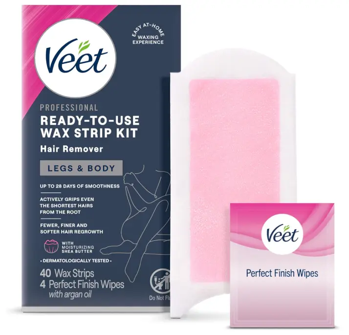 VEET Sugar Wax Strips For Women's Body Hair Removal, Bikini Hair Removal Kit, Pubic, Dermatologically Tested For Body & Intimate Areas, 40ct Wax Strips with Shea Butter & 4ct Wipes