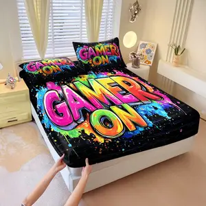 "GAMER ON" colorful graffiti-print fitted sheet set,Includes 1 Fitted Sheet & 2 Pillowcases without Filler,Creates an exciting gaming atmosphere,A great home decor item,Stylish and unique,Suitable for all seasons.