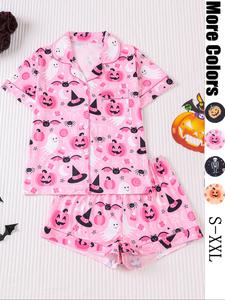 2 piece halloween print women's pajama set, soft button-up short sleeve shirt and loose stretch shorts, comfortable cozy sleepwear for casual home wear