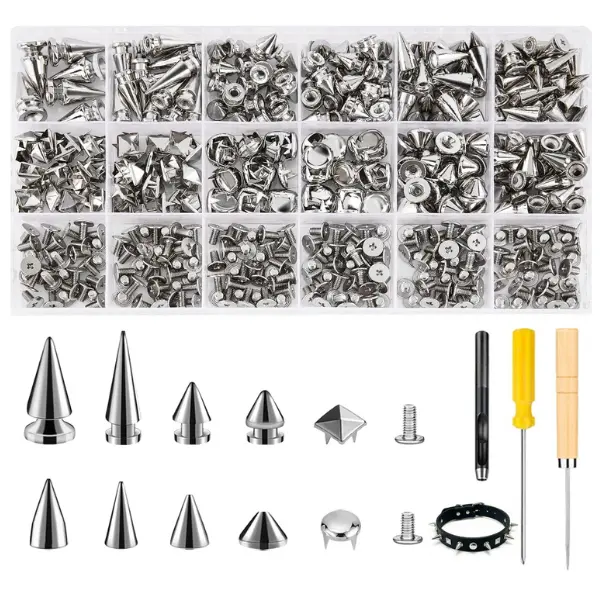 455PCS Punk Spikes and Studs Kit for Clothing, 12 Sizes Premium Metal Cone Spikes, Square Pyramid Studs & Round Dome Rivets for Leathercraft and Punk Style DIY Craft Decoration