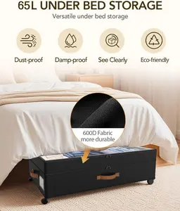 Under Bed Storage with Wheels, 10 Inches under Bed Storage Containers, 65L XXL Large Adjustable Underbed with Lids, Rolling Underbed Storage Bins for Shoes, Clothes, Blankets, Black Megapuxin