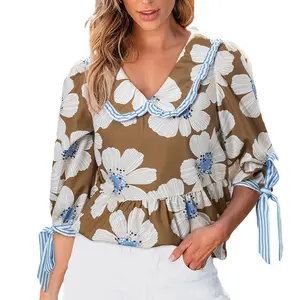 Asvivid Women's Cute Floral Print Striped Tie Sleeve Peter Pan Collar Casual Business Lightweight V Neck Blouse Shirts Top