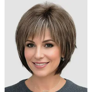 SEVENCOLORS Short Hair Wigs with Bangs Dark Brown Mixed Blonde Pixie Cut Wig for Women Straight Synthetic Fiber Wigs