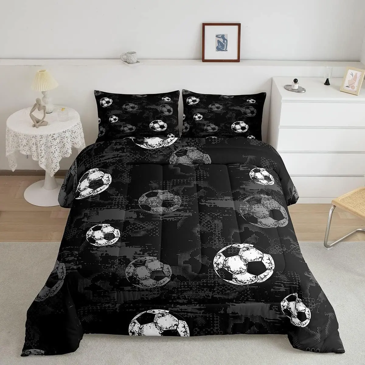 Feelyou Soccer Print Black Gray Bold Grunge Vibe Duvet Set - Lightweight Soft Bed Linens, Multi-Size, King Low Roll Over Option, Tight Stitching, Fur-Free Wash, Machine-Washable, for Boys, Traveling, Football Bedroom Decor (No Duvet Insert Included), Casu