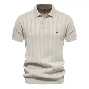 BIGWIG Men's Knitted Polo Shirt, Short-Sleeve Retro Striped Shirt, Slim Fit Classic Solid Color, Button-Down Collar Golf Shirt, Men's Spring/Autumn Henley Shirt, Lapel Knitted Top T-shirt
