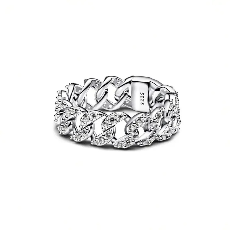 Silver Cuban Link Ring for Women - S925 Pave Crystal Curb Chain Band, Sparkle Stackable Statement Ring