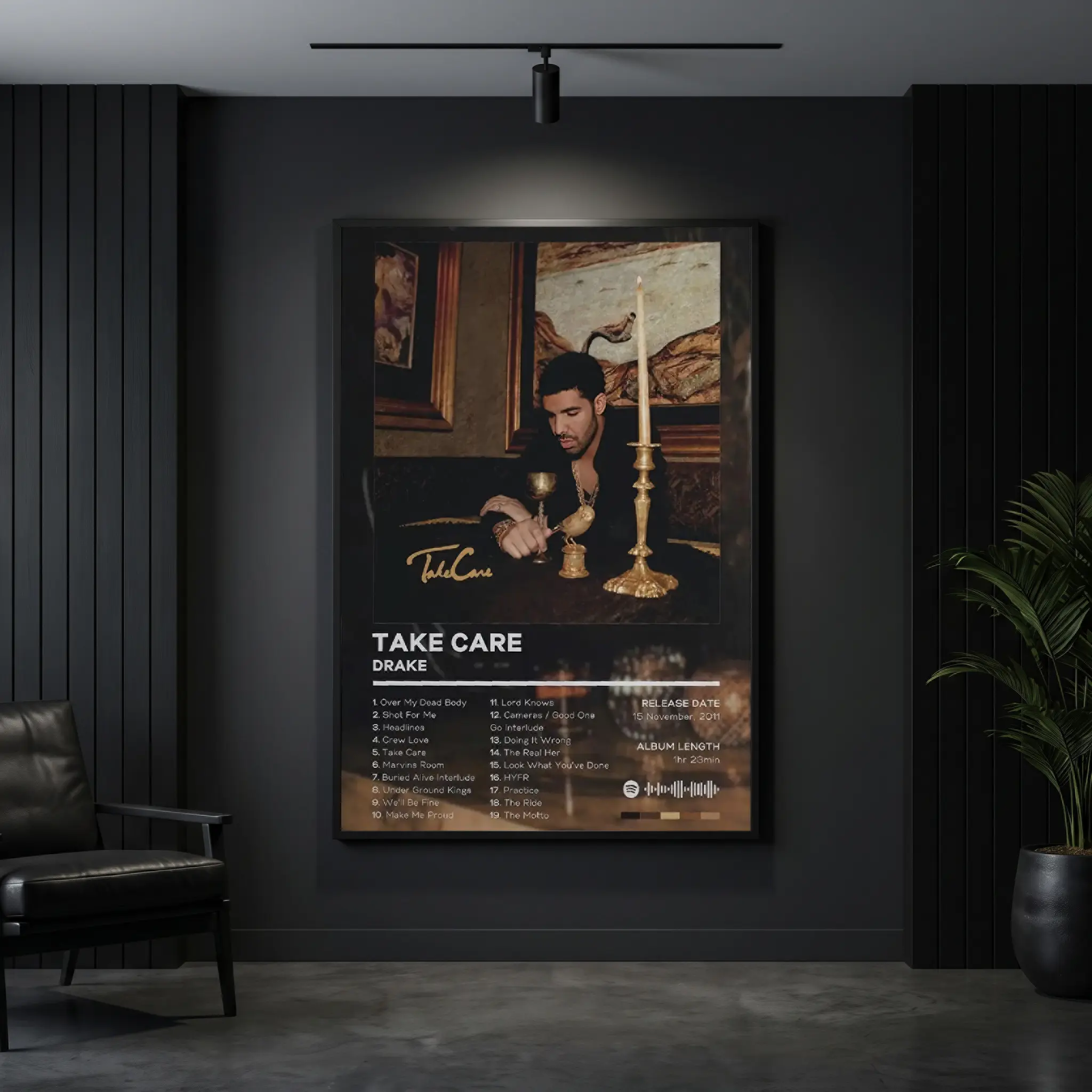 Drake Take Care Album Framed Canvas Wall Art - Vintage Tracklist Spotify Code Minimalist Picture Image Prints, Modern Hip Hop Decoration Set for Dorm Room Home Decor, One-Piece
