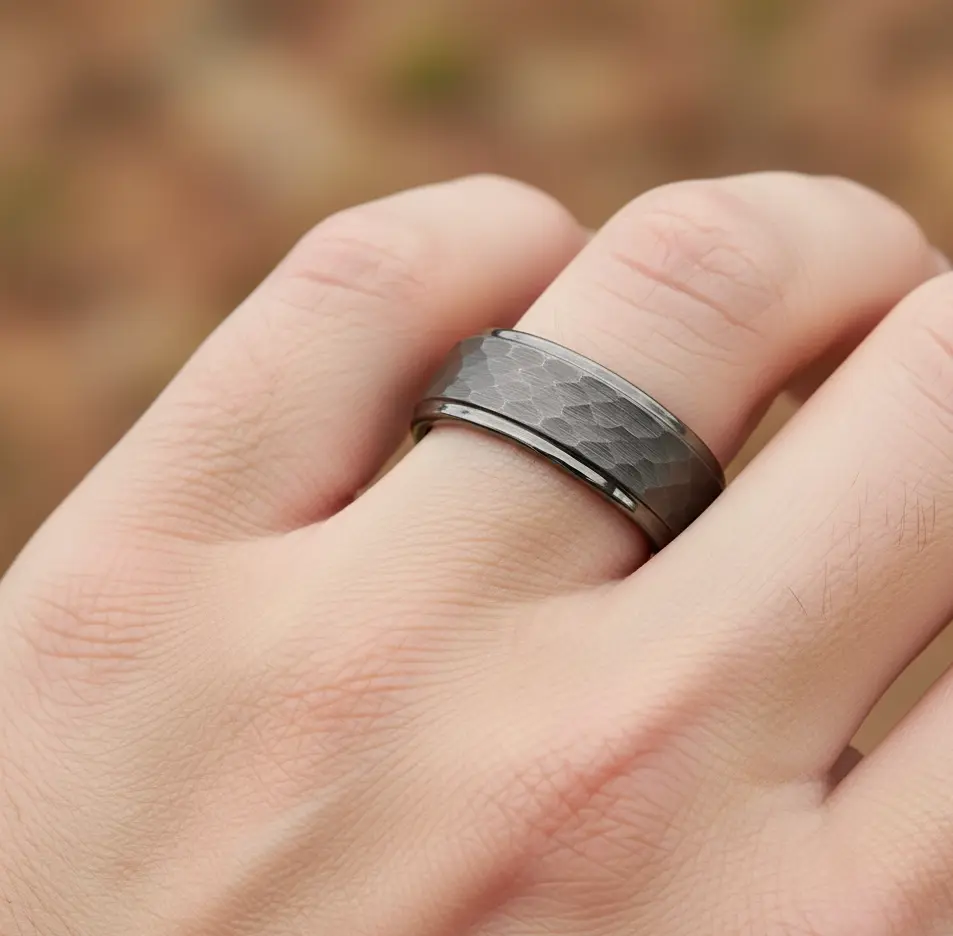 Gunmetal Tungsten Ring With Raised Hammered Finish And Polished Step Edges Band, Gray Tungsten Wedding Band, Men's Wedding Ring, Gray Ring, Gift For Men