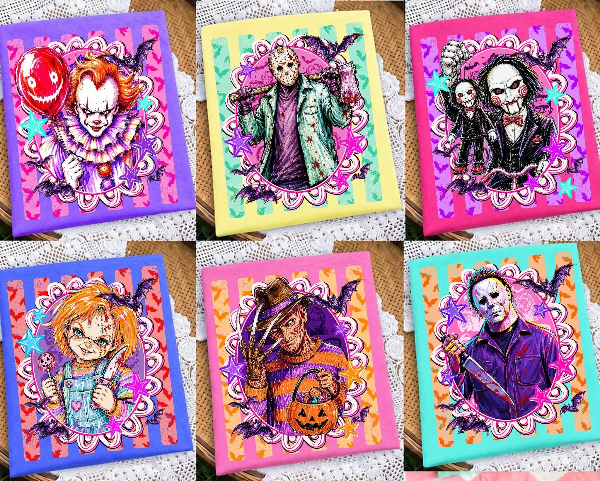 Comfort colors Retro Stripes Halloween Horror Characters Colorful Shỉt, Spooky Season Shirt, Scary Movie Graphic Tee