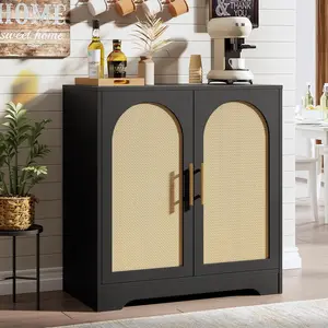Large Storage Cabinet with 4 Doors - 30" Rattan Sideboard Buffet Cabinet, Modern Console Table Accent Coffee Bar Cabinet for Living Room, Kitchen, Hallway, Dining Room, Entryway