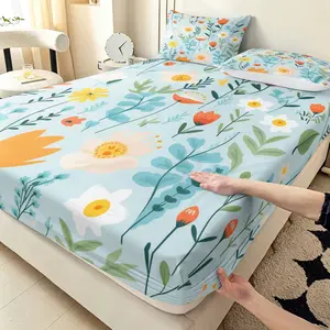 Three pieces with a blue background and patterns of red, yellow, and white small flowers Fitted Sheet Set, Includes 1 Fitted Sheet and 2 Pillowcases, Perfect for Bedroom or Dorm Decor