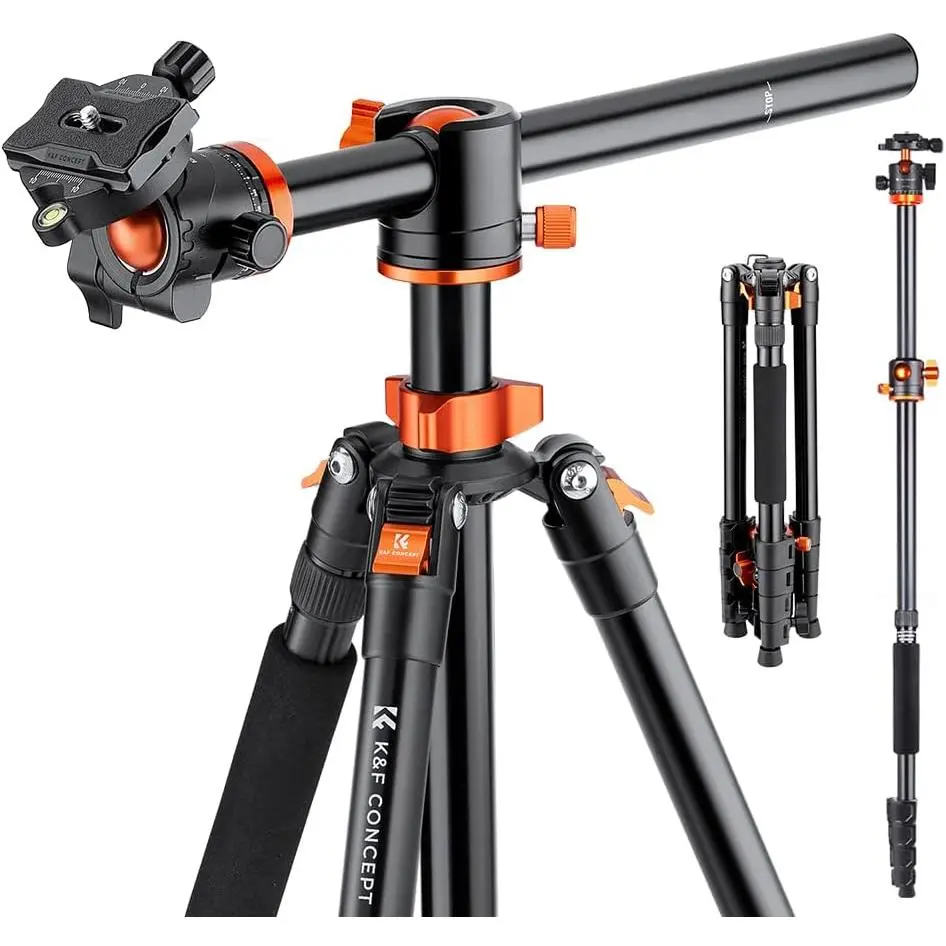 K&F Concept 73in Adjustable Aluminium DSLR Camera Tripod with 360-Degree Ball Head, 22.04lbs Load Capacity, Quick Release Plate, Transverse Center Column, Horizontal Use & Detachable Monopod, Camera Accessories