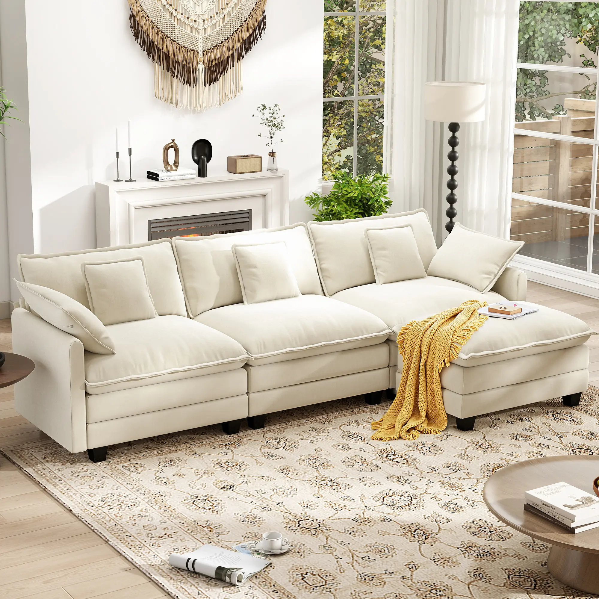 IHanHerry 111.5'' Modular Sectional Sofa with Movable Ottoman, L Shaped Cloud Couch for Living Room, 3-Seat
