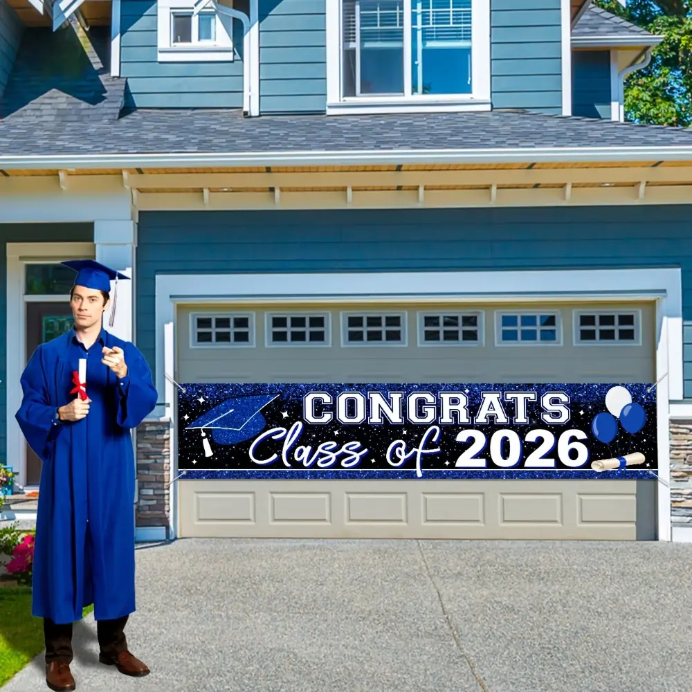 2D Flat Graduation Banner, Blue Congratulations 2026 Class Yard Sign, University High School Grad Party Supplies, Indoor Outdoor Decor, Party Decorations Banners