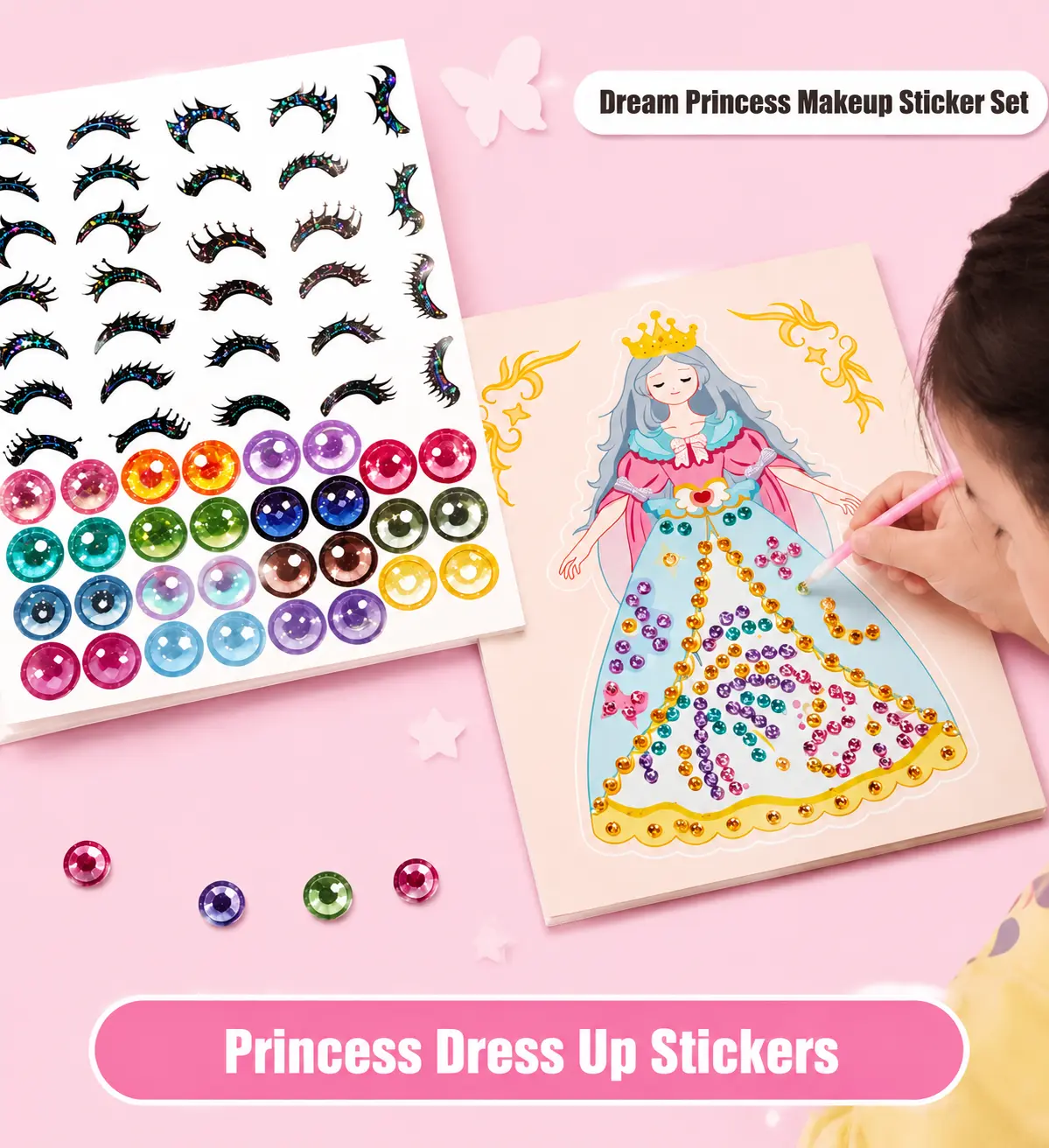 Kids Princess DIY Craft Kit, Diamond Painting Sticker Activity Set with Dress Up Dolls, Glitter Gems, Makeup Stickers and Creative Art Supplies, Birthday Easter Gifts for Girls Ages 4-8