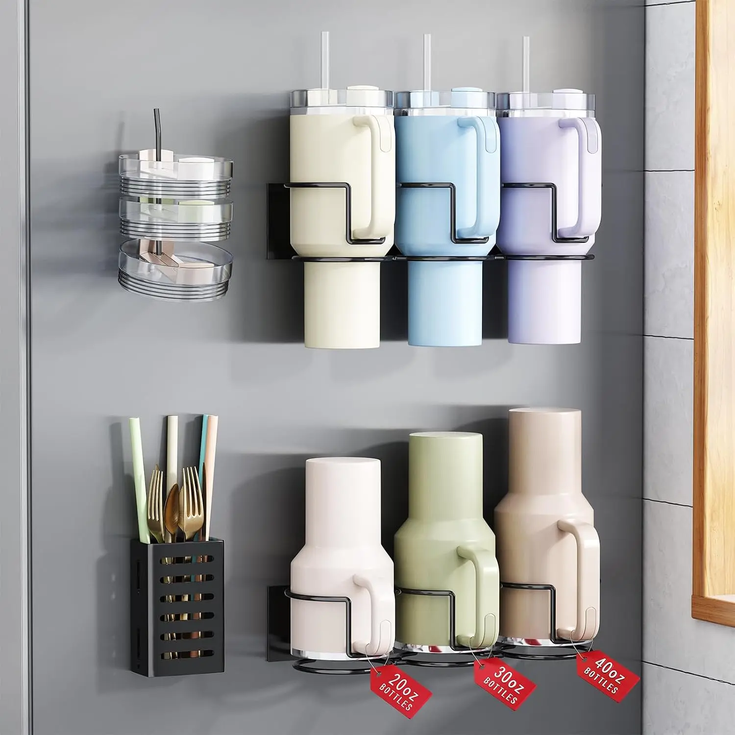 Magnetic Cup Holder for Fridge,Tumbler Organizer Fits 20/30/40 Oz Stanley Cups, Accessory Storage with Lid & Straw Holder, Space-Saving Storage Rack for Kitchen Fridge (Black-Cup Holder Set)