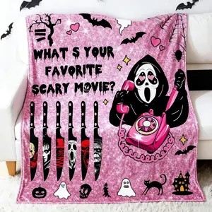 Halloween Throw Blanket Pink: Ultra Soft Ghost Flannel Blanket with Horror Movie 60"x 60", Lightweight Plush Comfy Blanket Halloween Decor for Bed, Couch, Sofa, Living Room, Office, Indoor