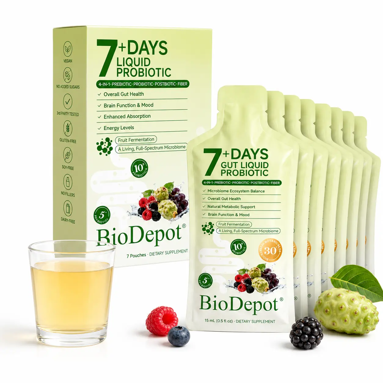 BioDepot florabiome Liquid Probiotic Supplement—A 4-in-1 daily formula containing prebiotics, postbiotics, and dietary fiber.