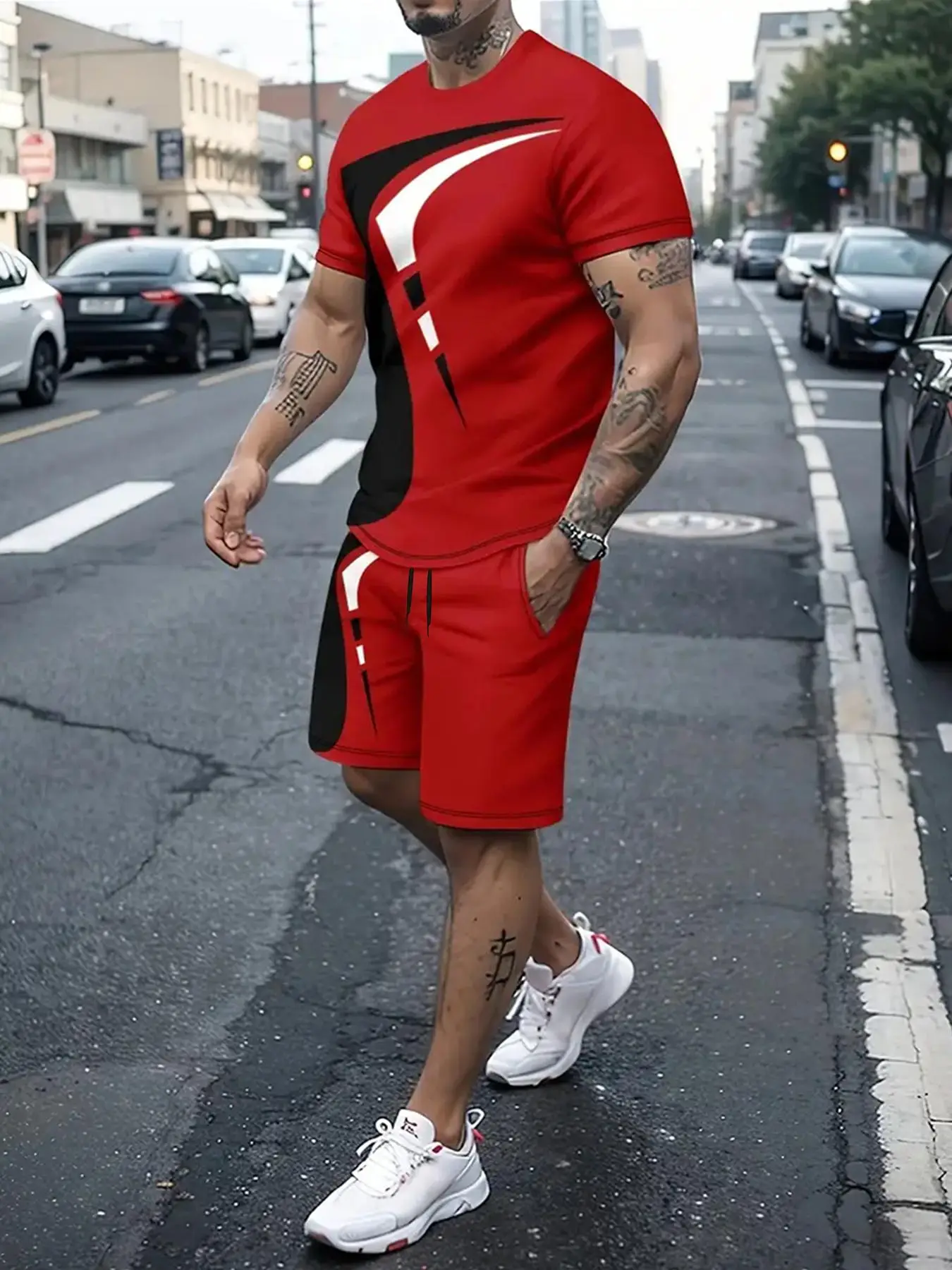 2 Counts Men's Patchwork Short Sleeve Tee & Drawstring Pocket Shorts Set, Regular Fit Slight Stretch Round Neck T-shirt & Elastic Waist Track Shorts,