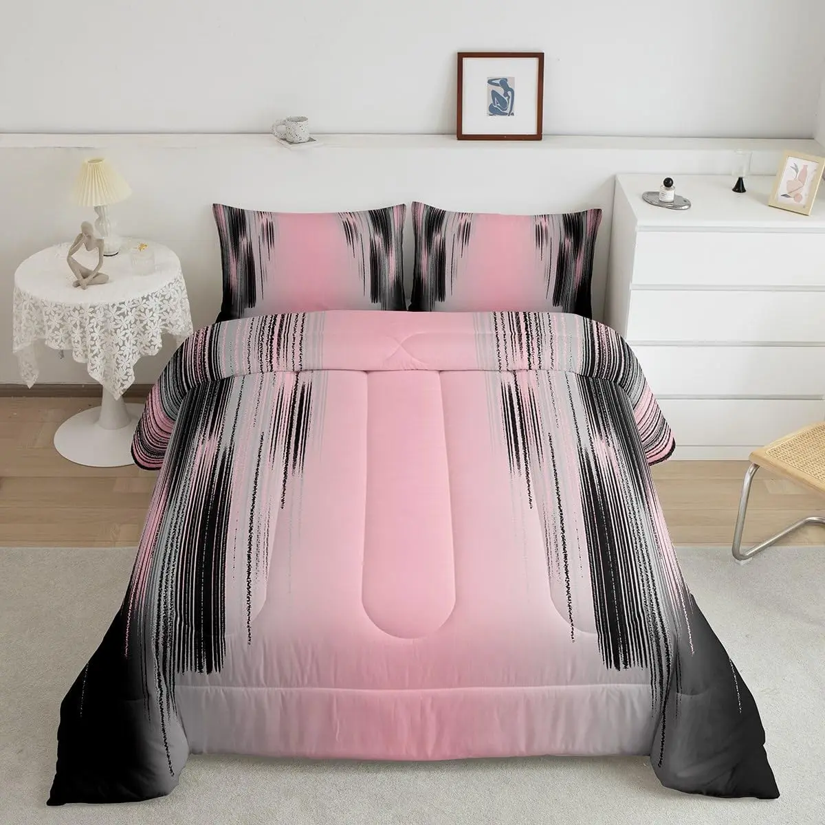 Feelyou Queen Size Decorative Bedding Set - Geometric Abstract Ombre Microfiber Comforter, Ultra-Soft Breathable Quilt with Modern Strip Lines, Duvet Cover Included for Bed Use