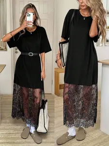 Women's Long Dress, Feminine Patchwork Floral Edge Top, Loose-Fit Casual Short Sleeve, Comfortable Versatile Lace Dress, Stylish Everyday Wear, Womenswear