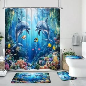 dolphin pattern bathroom decorations, 1 set including shower curtain & toilet u-shape mat & bath mat & toilet lid cover, bathroom accessories for home decor