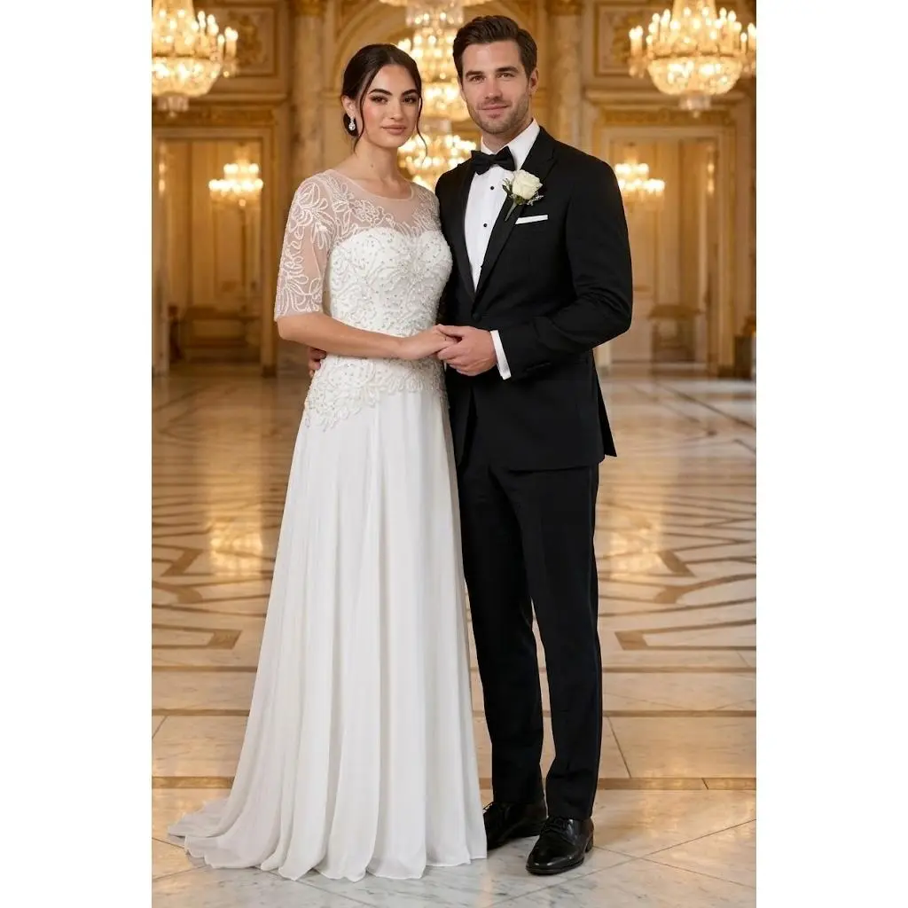 White Beaded Lace Bridal Gown with Sheer Sleeves and Flowing Chiffon Skirt By Eva USA 5222