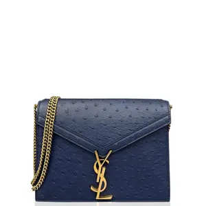 Pre-owned Yves Saint Laurent Leather small leather goods Cassandra Chain Wallet Ostrich Dark Blue (mg032326a1)