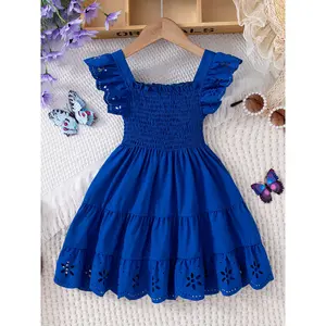Summer Girls Casual Daily Outing Dress Square Neck Sleeveless Small Flutter Sleeves Ruched Craftsmanship Solid Color Knee Length