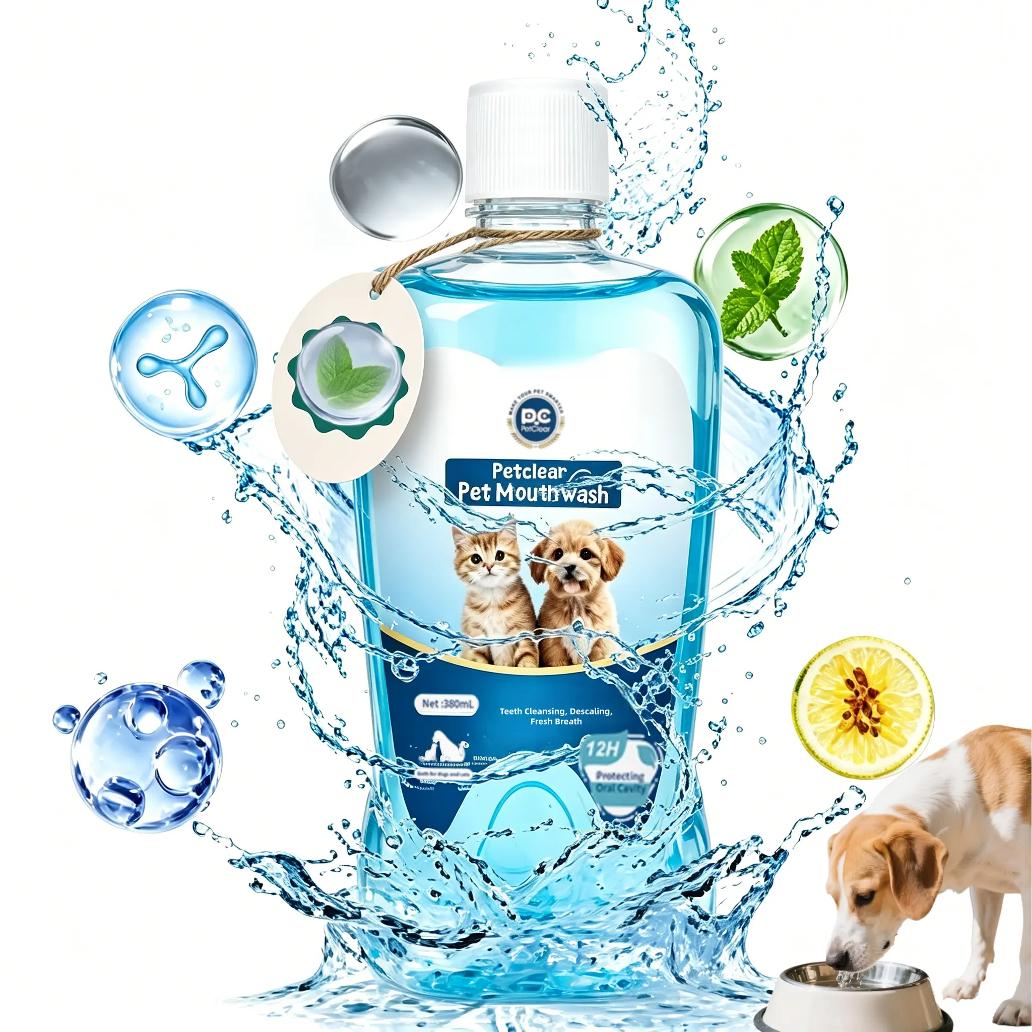 PetClear Dental Water Additive for Dogs and Cats, Daily Oral Care with Inactivated Lactobacillus, Easy No-Brush Formula, 12.85 fl oz (380 mL)