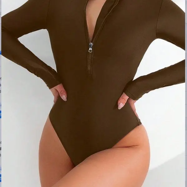 2026 Dark Brown Long-Sleeve One-Piece Swimsuit for Women, Front Zipper, Sexy Slimming Surfing Suit, Sun Protection Diving Suit