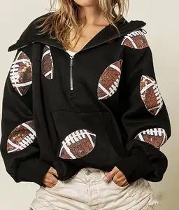 Women's 2-Piece Sequin Football Hoodie Set - Long Sleeve Pullover Tops, Chic Casual Comfortable Sweatshirt with Matching Leggings