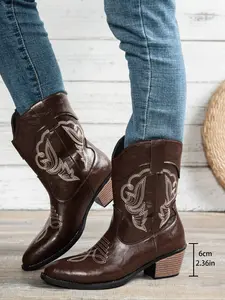 Women's Western Style Denim Boots, Embroidered Details, Chunky Heel, Casual Daily Wear, Versatile Pants and Skirt