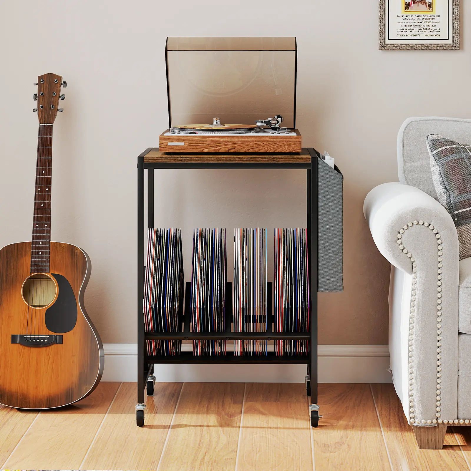 COSTWAY - Rolling Record Player Stand 2-Tier with Vinyl Storage and Magazine Holder Bag-Rustic Brown