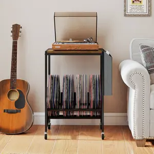 COSTWAY - Rolling Record Player Stand 2-Tier with Vinyl Storage and Magazine Holder Bag-Rustic Brown