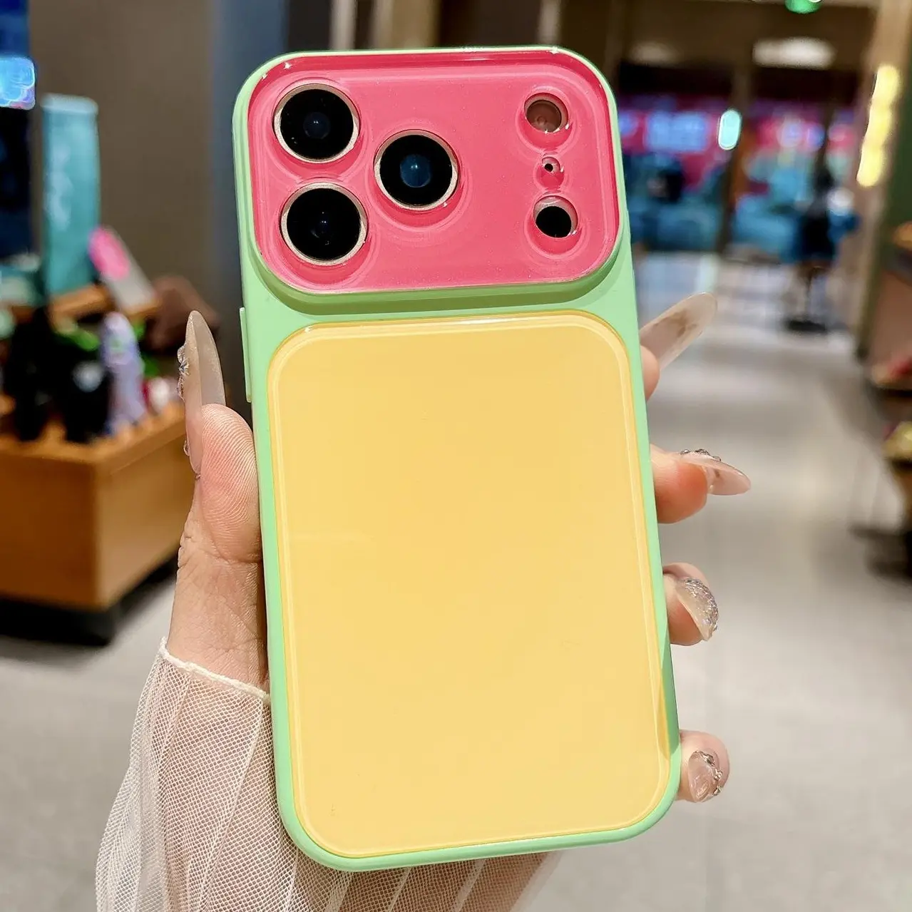 Dopamine Style Color Block Glossy Cellphone Case for iPhone 17,16,15,14 Pro Max - Contrast Color Hard Back Casing, Anti-Fall Protective Shockproof Accessories for Women, Smartphone, Handheld,back to school,back to school haul