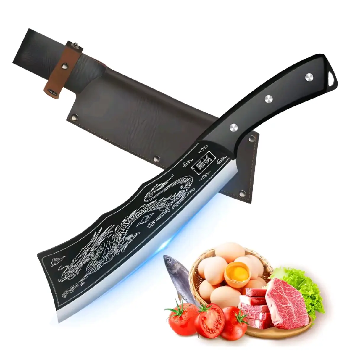 Dragon Knife Handmade Kitchen Knife, Hand Forged Bone Cutting Knife for Outdoor Food Cooking black Chopper Ergonomic multi-purpose Steel knife Waterme