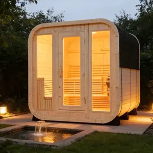 Outdoor Square Traditional White Pine Steam Sauna, 4-6 Person Capacity With Tempered Glass Windows